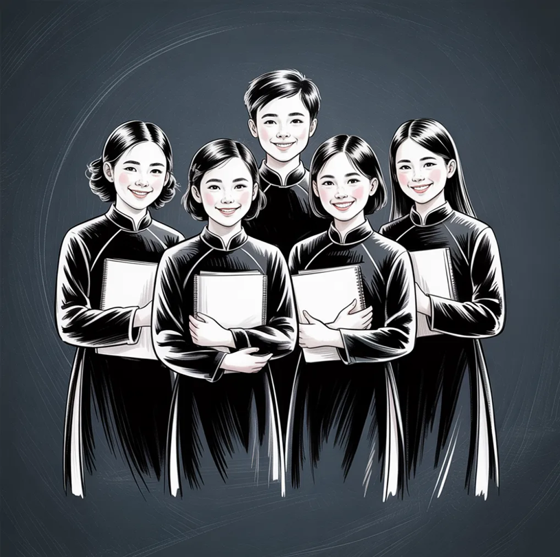 Vietnamese students in áo dài uniforms holding notebooks, ready to learn